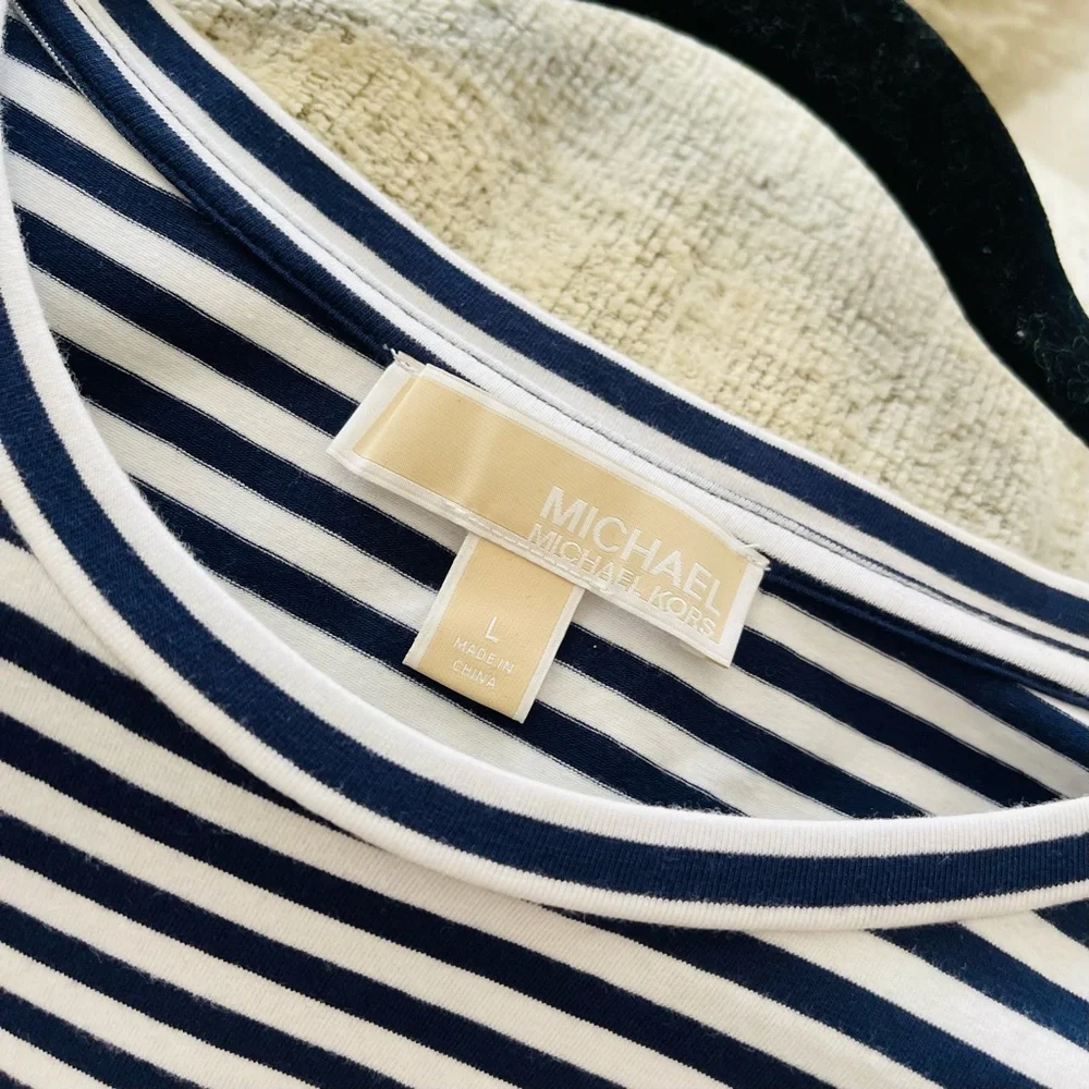 MICHAEL KORS Off Shoulder Navy Blue And White Striped Logo Studded Dress…